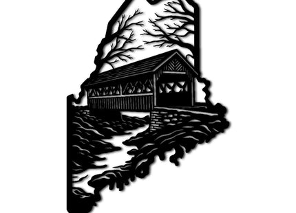 Maine Covered Bridge State Map Metal Wall Art Decor Outdoor Decor Metal Signs Rustic Farmhouse Wall Decoration Stunning Exquisite Piece for Living Room and Office Wall Art (Black,20inch)
