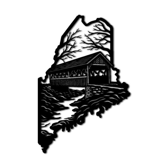 Maine Covered Bridge State Map Metal Wall Art Decor Outdoor Decor Metal Signs Rustic Farmhouse Wall Decoration Stunning Exquisite Piece for Living Room and Office Wall Art (Black,20inch)