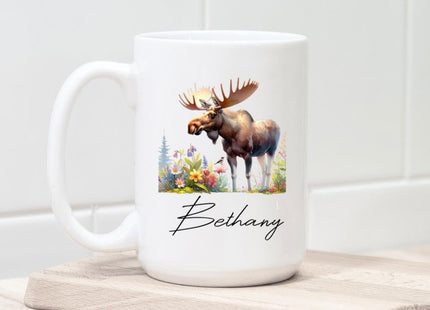 WANDORIA Majestic Moose Coffee Mug, Personalized Forest Animal Cup with Name, Moose Aficionado Gift, Wilderness Ceramic Mug, 11oz/15oz, Woodland Creature Art Drinkware, Alpine Flora Design