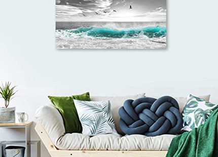 yearainn Large Ocean Canvas Wall Art for Living Room Wall Decor Teal Sea Wave Canvas Prints Artwork Seagull Birds Canvas Pictures for Bedroom Home Office Wall Decorations Ready to Hang 20" X 40"