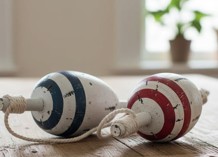 DRH - Nautical Vintage Set of 2 Wooden Lobster Trap Buoy with Rope Accents - Blue and Red - 11" X 4"