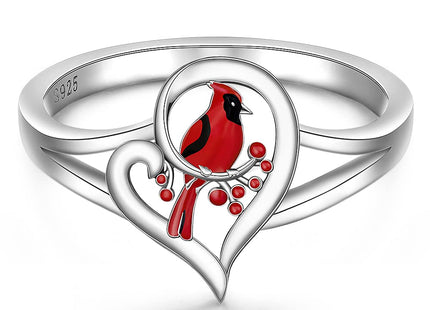 Red Cardinal Gifts Rings for Women Sterling Silver Heart Cardinal Ring