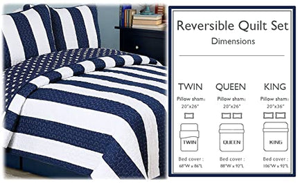 Cozy Line Home Fashions Sailor Popeye 's Bedding Quilt Set, Nautical Navy Blue White Star Striped 100% Cotton Reversible Coverlet Bedspread for Kids Boy (Sailor Star, Twin - 2 piece)