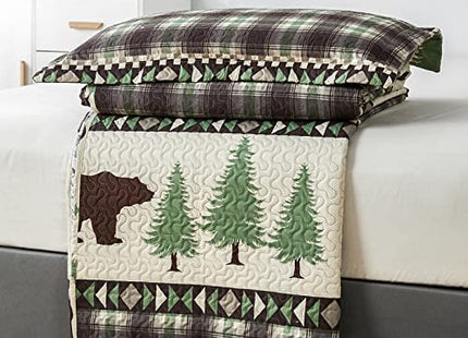 Quilts Queen Size, 3Pcs Rustic Cabin Bedspread Coverlet Set Brown Bear Green Pine Tree Bedding Set Lightweight Soft Reversible Plaid Stripe Bed Cover Set Farmhouse Decor for All Season(90"x 90")