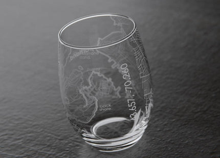 Well Told Engraved Portland Maine Map Stemless Wine Glass, Etched Glass (15 oz, Clear) City Custom Gifts for Lovers