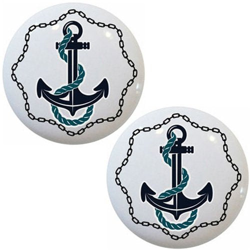 Set of 2 Anchor with Chain Border Nautical Ceramic Cabinet Drawer Knobs