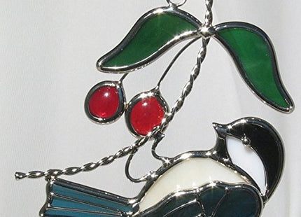 Hanging Chickadee Suncatcher – Real Stained Glass Bird with Cherry Branch, Silver Finish, 4x4 Inches Window Ornament from Juhlin Glass Studio
