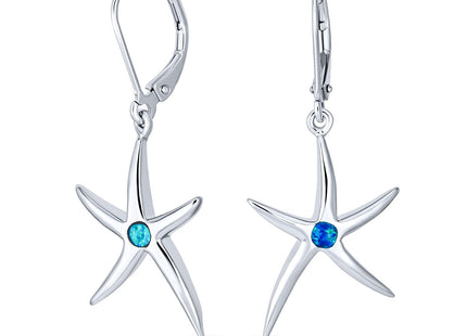 Nautical Starfish Dangle Earrings Sterling Silver Lever Back Opal Accent