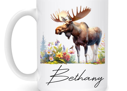 WANDORIA Majestic Moose Coffee Mug, Personalized Forest Animal Cup with Name, Moose Aficionado Gift, Wilderness Ceramic Mug, 11oz/15oz, Woodland Creature Art Drinkware, Alpine Flora Design