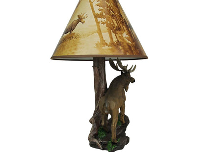 North American Bull Moose Table Lamp with a 12-Inch Diameter Forest Print Shade- Wildlife Decor - Perfect for Living Rooms, Cabins, and Bedrooms - 20 Inches Tall