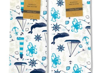 Nautical Coastal Cotton Kitchen Dish Towel Set, 2 Lighthouse 1 Anchor Drops