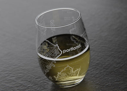 Well Told Engraved Portland Maine Map Stemless Wine Glass, Etched Glass (15 oz, Clear) City Custom Gifts for Lovers
