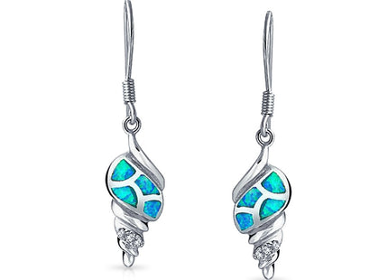Created Blue Opal Nautical Dangle Earrings Sterling Silver Fish Hook
