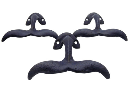 Wowser Navy Blue Whale Tail Cast Iron Wall Hooks, Wall Mounted for Hanging Clothes & Accessories, Nautical Home & Office Decor, Set of 3, 4.75 Inches High