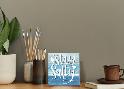 Summer Beach Decorations for Home, Starfish Theme House Room Bedroom Bathroom Decor Classroom, Wood Box Sign 5 X 5 Inch (Stay Salty Sign)