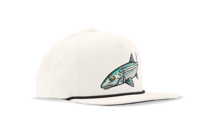 Bajio Flat Brim Fishing Hat – Bonefish Art Snapback in White Corduroy, Technical Inshore Cap for Flats Anglers, Breathable Eco-Friendly Design for Sight Casting & Coastal Shallow Water Fishing