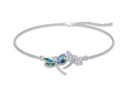 AOBOCO 925 Sterling Silver Dragonfly Anklet for Women Abalone Adjustable Foot Link Bracelet Anklet, Dragonfly Gifts for Women