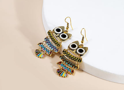 Boho Vintage Owl Drop Earrings, Cute Animal Dangle Earrings With Enamel Owl Hooks - Women's Jewelry