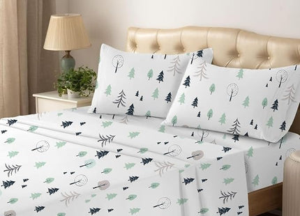 KRISHNA 4 Piece Printed Sheets Set, Hotel Luxury Brushed Microfiber, Soft & Breathable, 12" Deep Pocket Fitted Sheet, King Size Sheet Set, Winter Forest