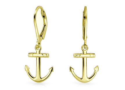 Small Nautical Anchor Dangle Earrings 14K Gold Plated .925 Sterling Silver