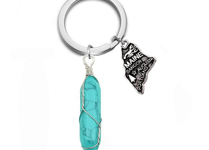 JJTZX State Crystal Stone Keychain Natural Blue Turquoise Healing Crystal US Map Keychain Miss You Love Keyring (ME-Maine)