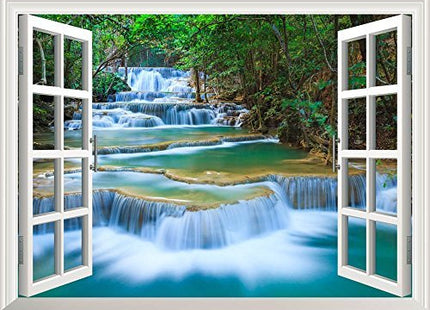 wall26 Removable Wall Sticker/Wall Mural - Beautiful Landscape of Deep Forest Waterfall inThailand | Creative Window View Home Decor/Wall Decor - 24"x32"