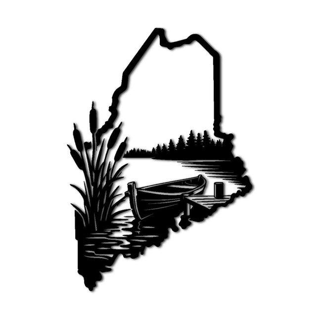 Maine Landscape Lake Boat Metal Wall Art Decor Metal Outdoor Decor Metal Signs Rustic Style Stunning Elegant Wall Decor for Living Room Office Home Decoration Art Piece (Black,12inch)
