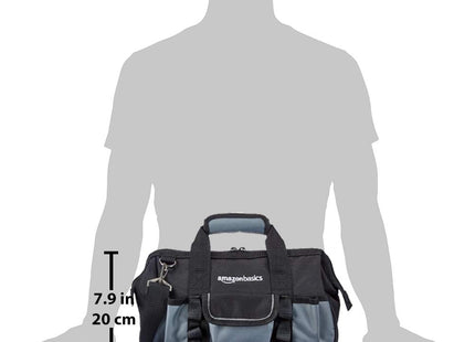 Amazon Basics Durable Wear-Resistant Tool Storage Bag with Adjustable Shoulder Strap, Portable Tool Organizer, 16 Pockets, 12 in, Black & Gray