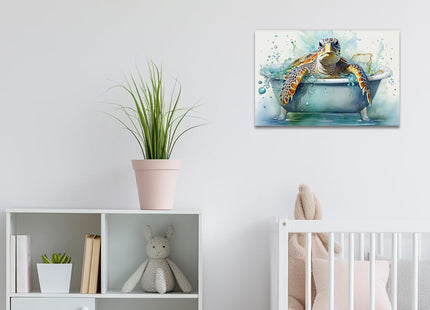 QIXIANG Sea Turtle Bathroom Wall Art Funny Sea Turtle in Bathtub Canvas Painting Art Ocean Animal Watercolor Pictures Framed Ready to Hang (Sea Turtle 2, 12.00" x 18.00")