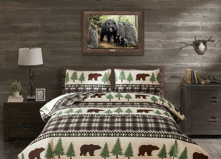 Quilt Set Twin Size Rustic Bedding Lodge Bed Quilts Twin Plaid Quilt Bed Spread Country Cabin Brown Bear Twin Quilt Bedding Lightweight Reversible Quilts Home Bedspread Coverlet with 2 Pillow Shams