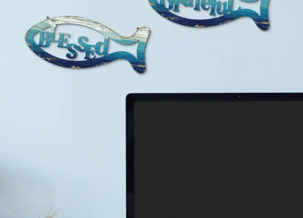 Putuo Decor Grateful Blessed Fish Wall Decor Set of 2, Coastal Farmhouse Wall Hanging, Nautical Beach House Hanging for Living Room Kitchen Bathroom