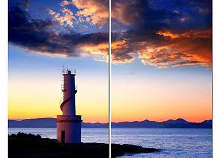 Sunset Lighthouse Canvas Wall Art Decor - 2 Piece Set, Decorative Multi Panel Split Prints - Coastal Ocean Picture for Living Room, Kitchen, Bedroom, Office & Home Decor Gift