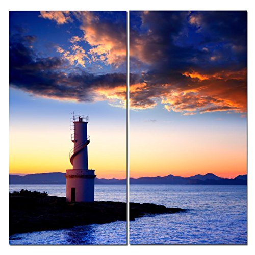 Sunset Lighthouse Canvas Wall Art Decor - 2 Piece Set, Decorative Multi Panel Split Prints - Coastal Ocean Picture for Living Room, Kitchen, Bedroom, Office & Home Decor Gift