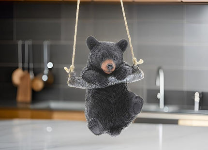 Playful Resin Black Bear on a Rope Hanging Figurine (Swinging)