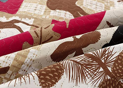 CHESITY Lodge Bedspread Twin Size, Quilts Set Rustic Cabin Bedding Cover Reversible Coverlet Moose Deer Wildlife Patchwork Plaid Bed Cover Black Bear Country Decor(68"x 86")