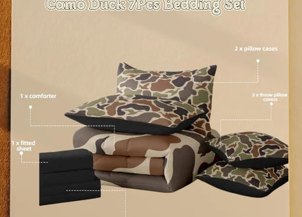 Erosebridal Hunting Duck Hunter 7 Pcs Comforter Set Queen Camo Birds Bed in A Bag Army Green Ducks Comforter for Men Camouflage Military Sheet Set Boys Wild Woodland Pillowcases Rustic Bed Set