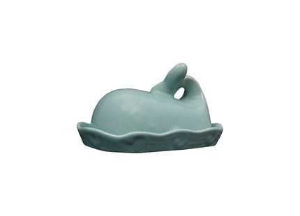 Creative Co-Op Stoneware Whale Butter Dish with Embossed Wave Detail, Aqua Finish