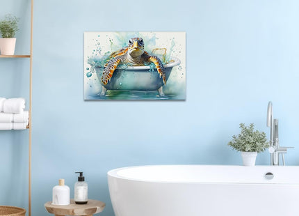 QIXIANG Sea Turtle Bathroom Wall Art Funny Sea Turtle in Bathtub Canvas Painting Art Ocean Animal Watercolor Pictures Framed Ready to Hang (Sea Turtle 2, 12.00" x 18.00")