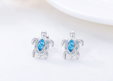 Sterling Silver Sea Turtle Studs with Simulated Aquamarine Birthstone, Sea Turtle Jewelry Gifts for Women