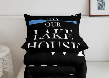Lake House Comforter Set Full Size, Blue Paddle Lake Camping Bedding Set 3pcs, Rustic Farmhouse Lake Life Black Down Comforter for All Season, Kids Boys Girls Room Decor, 2 Pillowcases, No Sheets