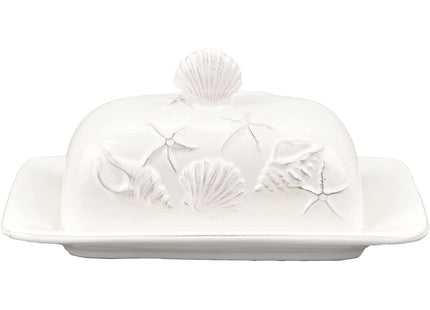 Blue Sky Clayworks Laguna Coastal Butter Dish, Ceramic, 8" L x 5.125" W x 3.375" H, Shell & Starfish Relief