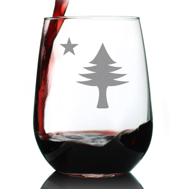 Bevvee Old Maine Flag - Stemless Wine Glass - Original 1901 State of Maine Flag Gifts for Women & Men Mainers - Large 17 Ounce
