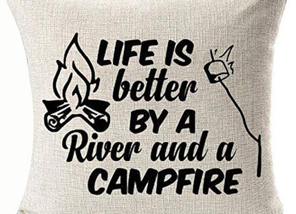 FaceYee Camping Throw Pillow Cover 18x18 Inch Life is Better by a River and a Campfire Decorative Pillow Case Linen Rustic Outdoor Adventure Cushion Cover for Camper RV Cabin Home Decor
