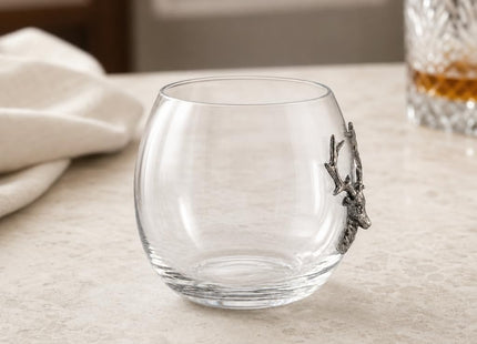 Vagabond House Elk/Deer Stemless Wine Glass, Premium Hand-Blown Crystal, Rustic Lodge Style, Perfect for Red/White Wine, 3.25" Tall, 8 oz - Sold as Single Glass