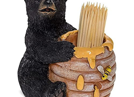 Pine Ridge Black Bear Toothpick Holder, Rustic Walking Bear Kitchen Bamboo Wooden Toothpicks Storage Decor