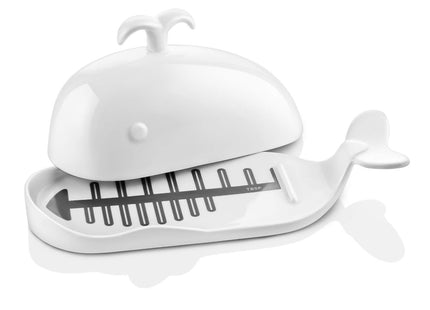 DOWAN Porcelain Butter Dish With Cutting Measuring Line, Large Whale Butter Dish with Cover of Non-slip Design, Ceramic Butter Dishes with Handle for East/West Coast Butter, Soft White