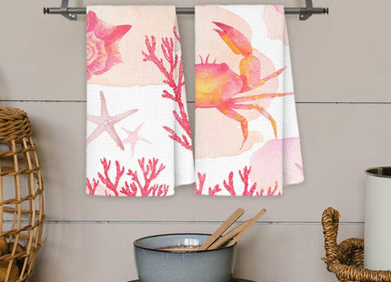 JINYO Pink Coral Ocean Beach Kitchen Towels Set of 2, Red Seashell Coral Coastal Beach Hand Towels for Bathroom Kitchen Decor, Nautical Decorative Dish Tea Towels