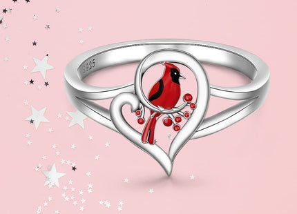 Red Cardinal Gifts Rings for Women Sterling Silver Heart Cardinal Ring