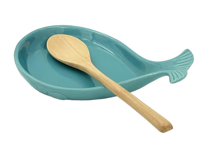 WSKC Ceramic Whale Spoon Rest for Kitchen with Wooden Spoon