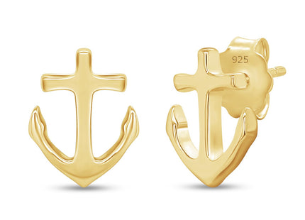 Minimalist Dainty Anchor Stud Earrings Yellow Gold Plated Silver
